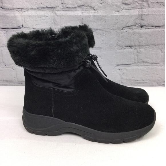 Lands End Suede Faux Fur Trim Quilted Accent Round Toe Black Ankle Bootie 7B - Picture 12 of 13